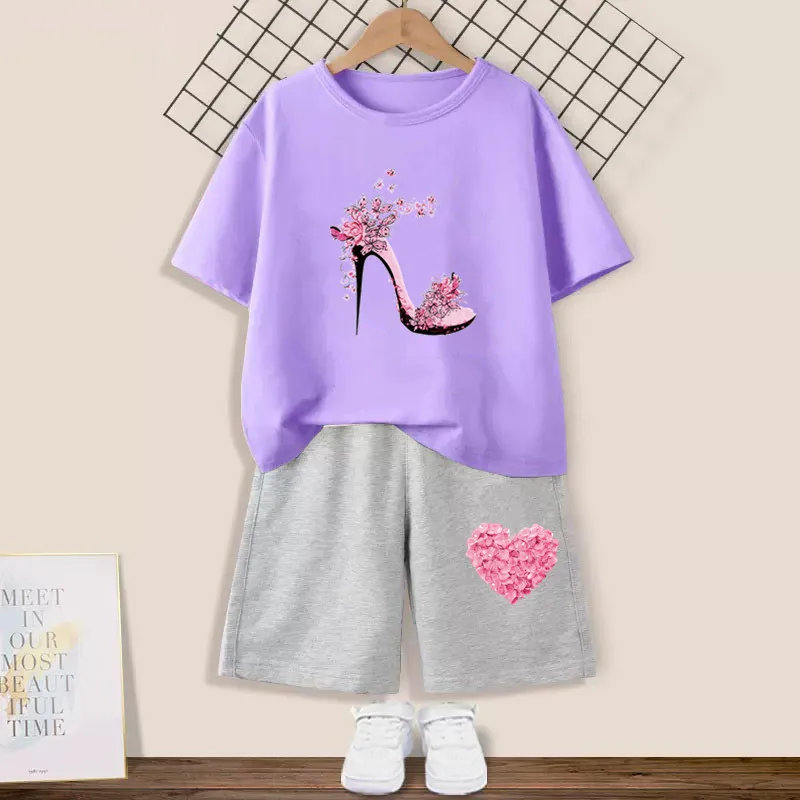 2024 Summer Girls Cotton Clothing Sets Kids Cute Cartoon Butterfly High Heel T-shirt +Shorts 2Pce Suits Childrens Tracksuits