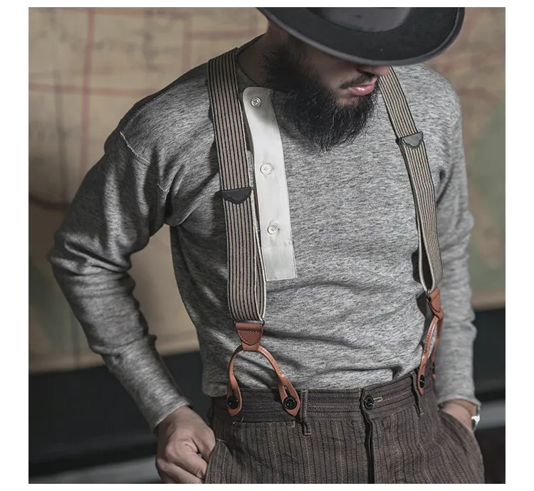 BRONSON Vintage Y Shape Suspenders, Old Time Patch Leather Braces, American Workwear Retro Shoulder Straps