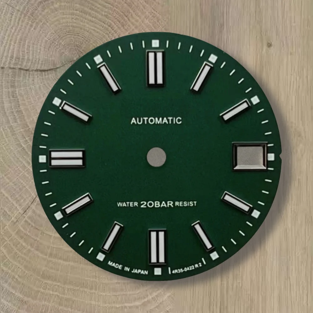 28,5 mm S Logo NH35 quadrante quadrante opaco adatto al movimento NH35 C3 forte verde luminoso giorno solo NH35 accessori per la modifica dell'orologio