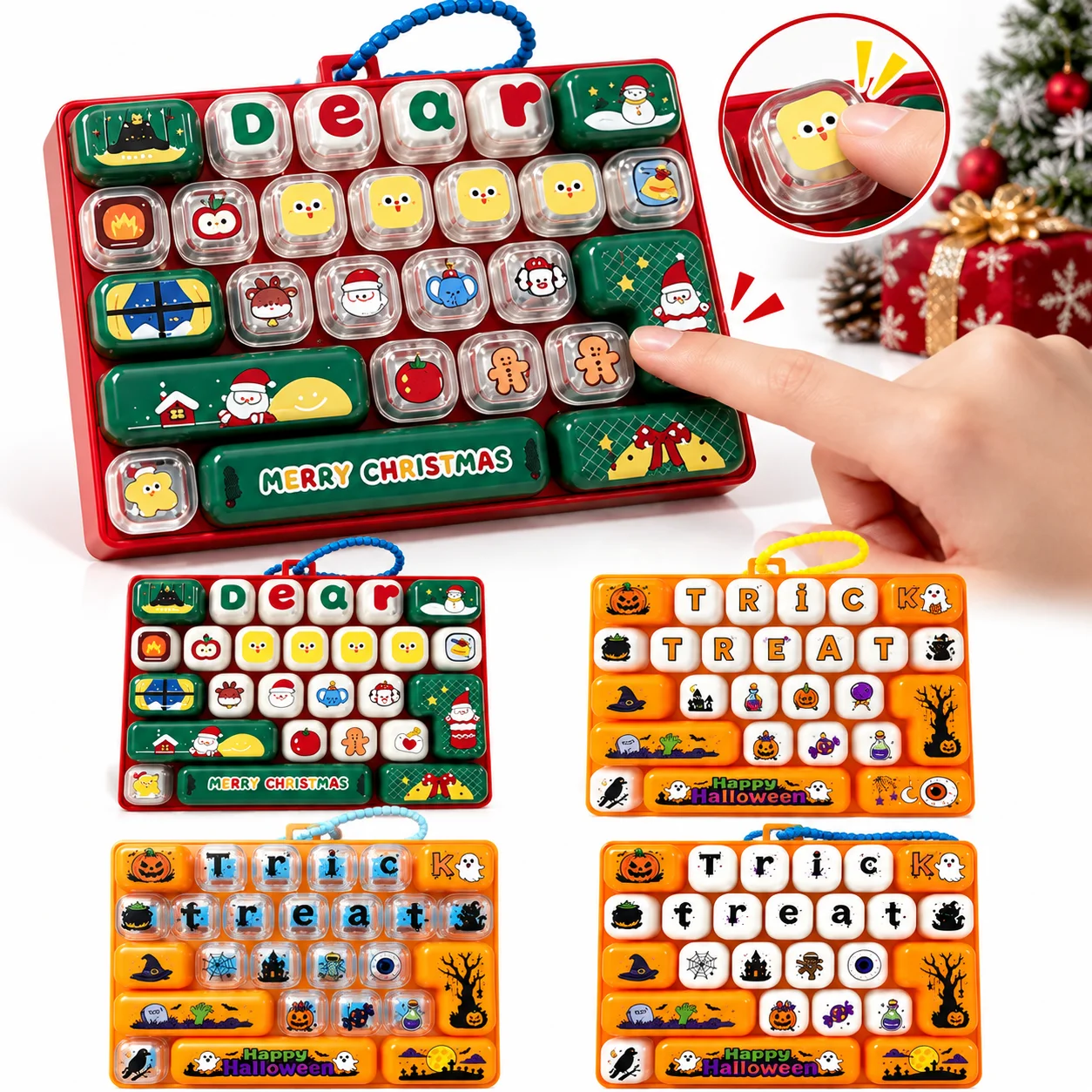 26-Key Christmas Halloween Keycap Keychain Decompression Fidget Clicker Button Bag Charm Stress Releasing Xmas Gifts For Kids