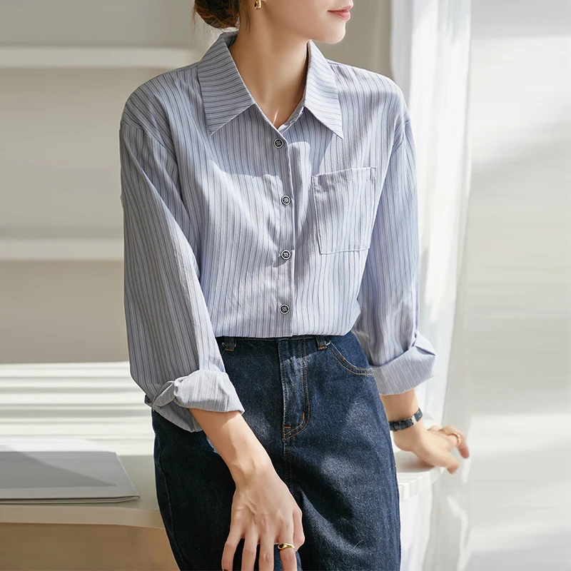 

Shirt Womens Tops Spring 2024 Office Lady Korea French Style Long Sleeve Striped Turn-down Collar Straight Women Shirts
