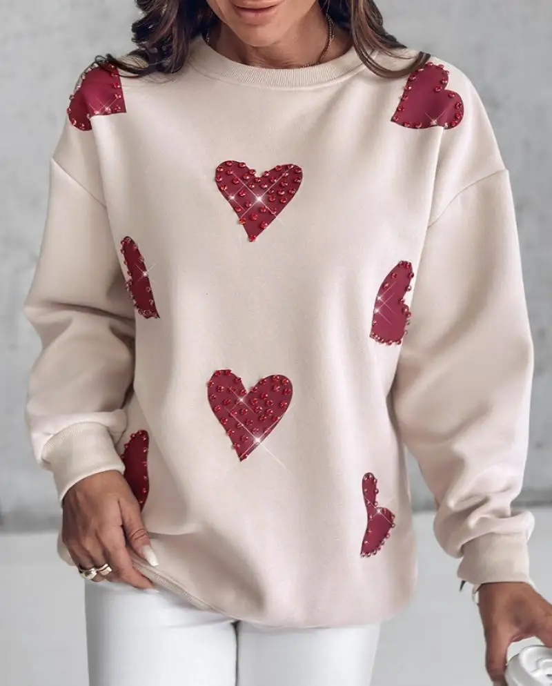 Elegant Women\'s Hoodie Autumn New Casual O-Neck Fashion Simple Pullover Heart-Shaped Rhinestone Print Long Sleeved Sweatshirt