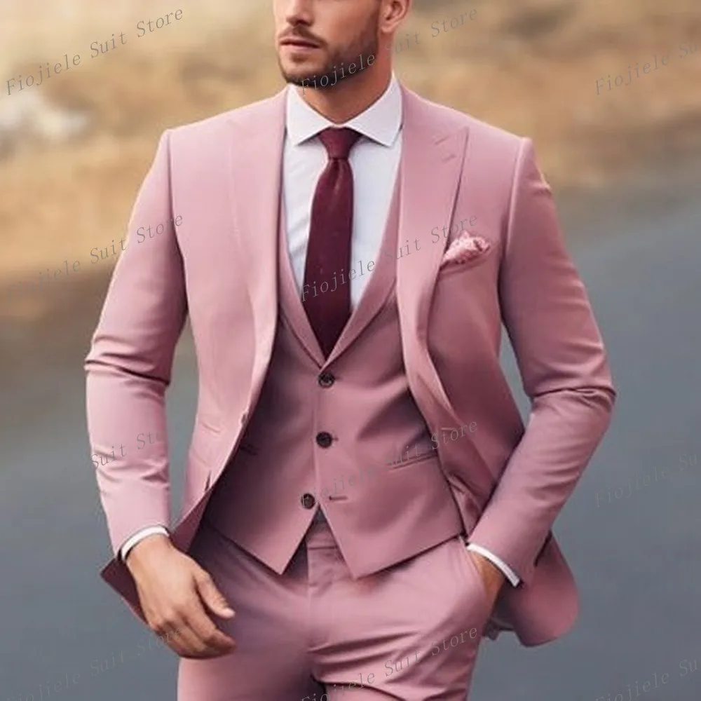 

New Pink Formal Occasion Men Suit Business Tuxedos Groom Groomsman Wedding Party Prom Male 3 Piece Set Blazer Vest Pants