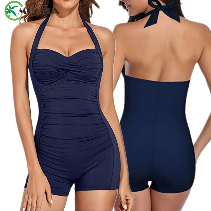 Traje de baño Halter de una pieza con Control de barriga para mujer, novedad del 2024, traje de baño fruncido con realce Boyleg, ropa de playa Retro