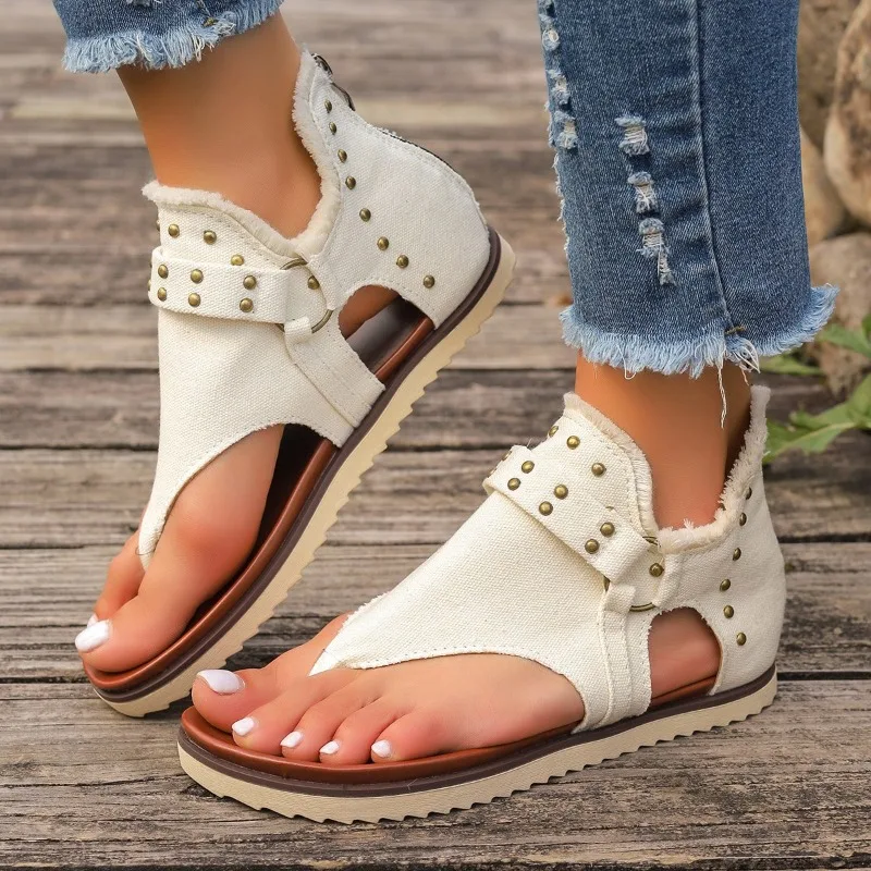 Women\'s Casual Sandals Women  Sandals Back Zipper Open Toe Non Slip Thong Sandals Versatile Roman Style Shoes