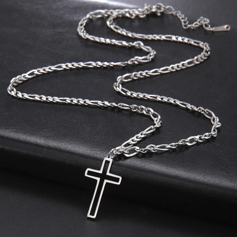 Unift Hohle Kreuz Halskette für Männer Junge Edelstahl Figaro Kette Halsketten Hip-Hop religiösen klassischen christlichen männlichen Schmuck