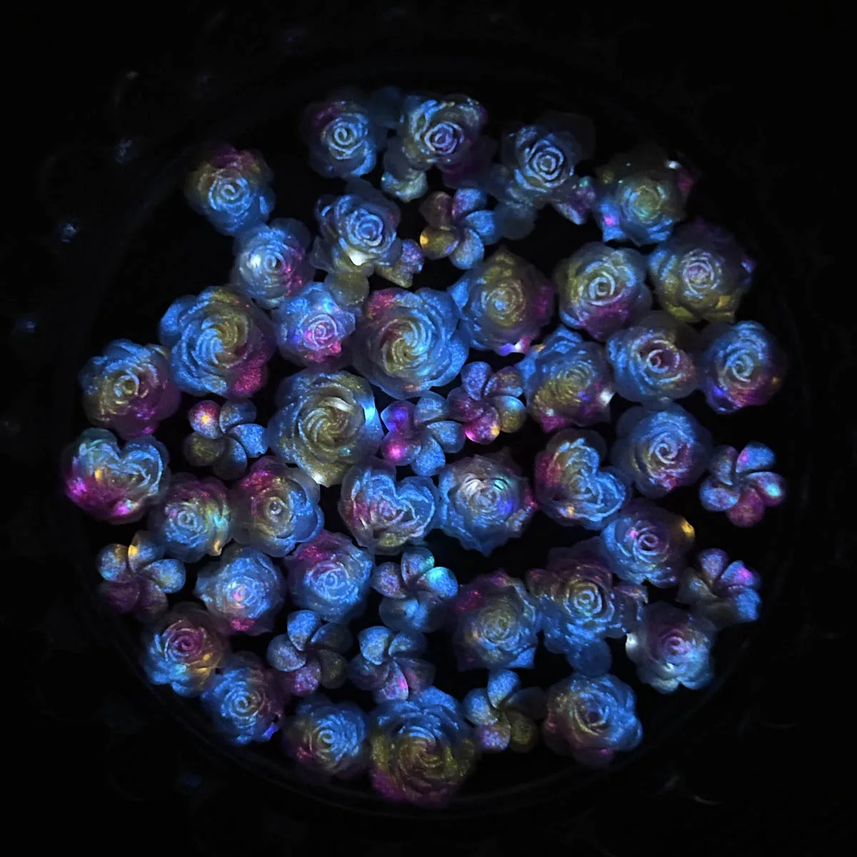 Gradient Luminous Colored Lotus Rose Resin Nail Art Charms Novel Fine glitter Pinwheel Flower Peony Nail Decorations DIY Nails