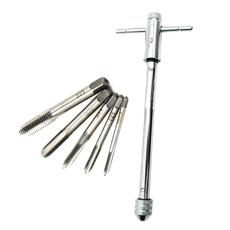 ABMR-Long Adjustable Silver T-Handle Ratchet Tap Wrench With 5 M3-M8 3Mm-8Mm Thread Metric Plug Taps