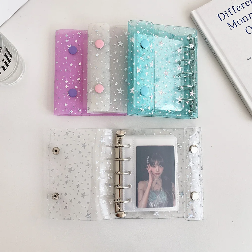 Y2k Fashion Transparent Sparkling M5 Stars Loose Leaf Card Album Cute Girl Idol 3in Photo Storage Buckle Card Holder Diary Book image 5