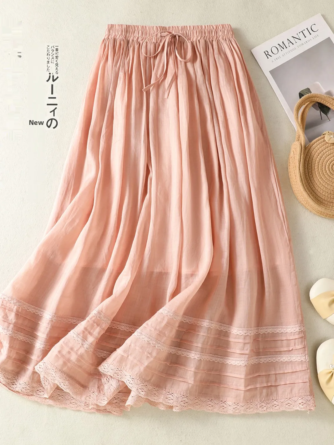 

Artistic Large Size Cotton Linen Skirt with Dstring Elastic Waist And Lace Trim A-Line Midi Skirt for Casual Wear