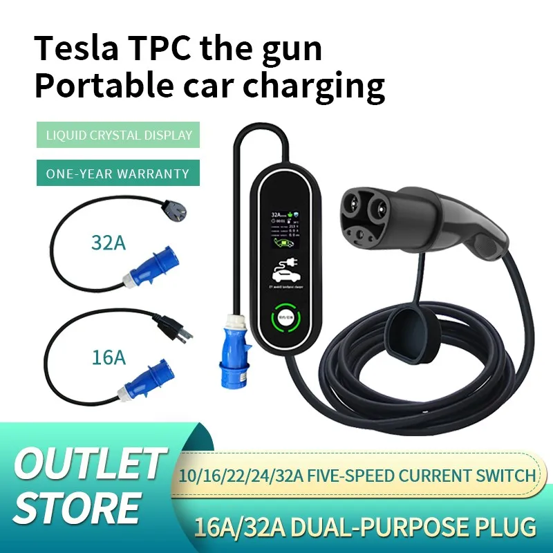 Estojo de carregamento para nova energia EV, portátil 5 metros, carregador com tela pequena, carro elétrico, 7kW, 220 V