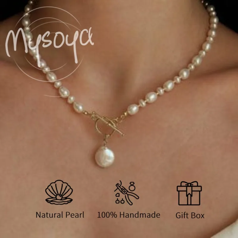 

MYSOYA White Rice Freshwater Pearl Baroque Pendant Necklace 7-8mm & 10-12mm Birthday/Wedding/Christmas/New Year Gift For Her/Him