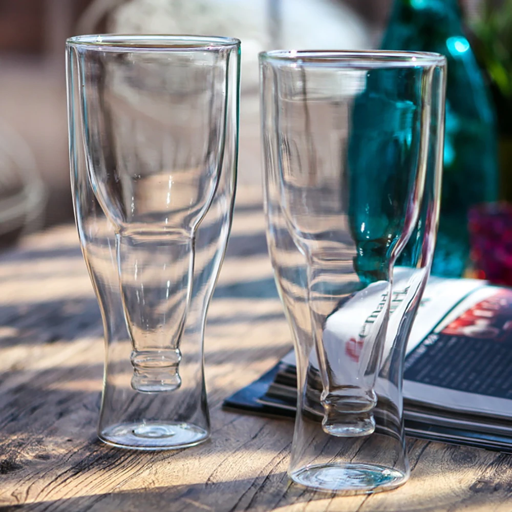 Inverted Bottle Shape Beer Steins Glass, Double-Layer Glasses, Whiskey, Juice, Cocktail, Glass, Creative Gift Cup for Friends