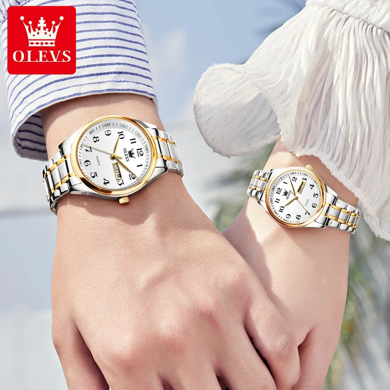 OLEVS, reloj de lujo dorado para parejas, reloj de cuarzo resistente al agua de acero inoxidable a la moda para amantes, reloj de pulsera con calendario semanal para mujeres y hombres