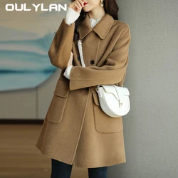 Office Lady Collar Woolen Coat for Women 2024 Autumn Winter Thickened Cotton Tops Korean Version Ladies Slimming Long Outerwear