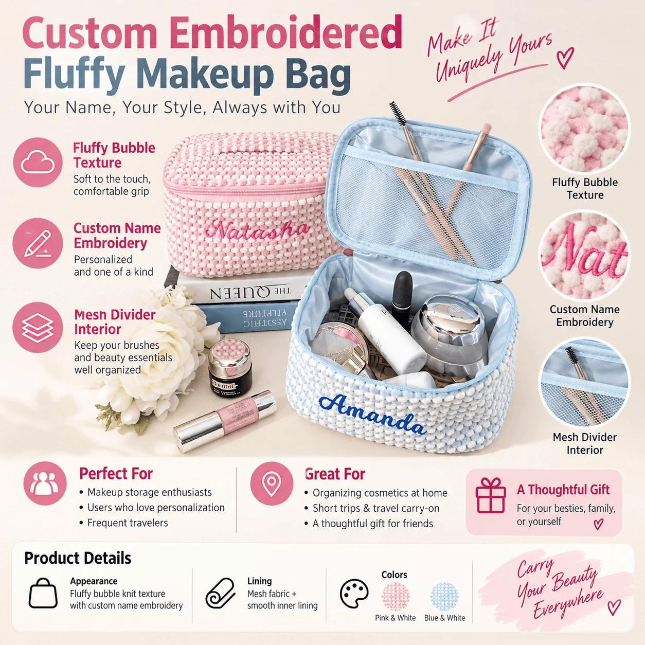 Custom Name Embroidery Makeup Bag Soft Textured Cosmetic Case Personalized Travel Toiletry Organizer with Mesh Pocket ForBrushes