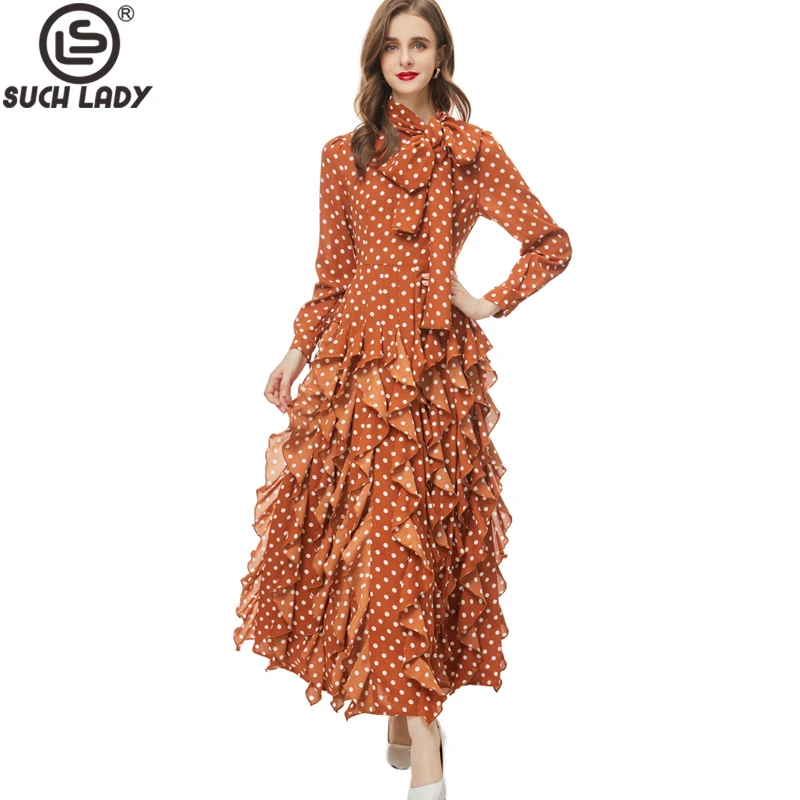 

Women's Runway Dresses Bow Collar Long Sleeves Polka Dots Printed Ruffles Elegant Fashion Party Gown Vestidos