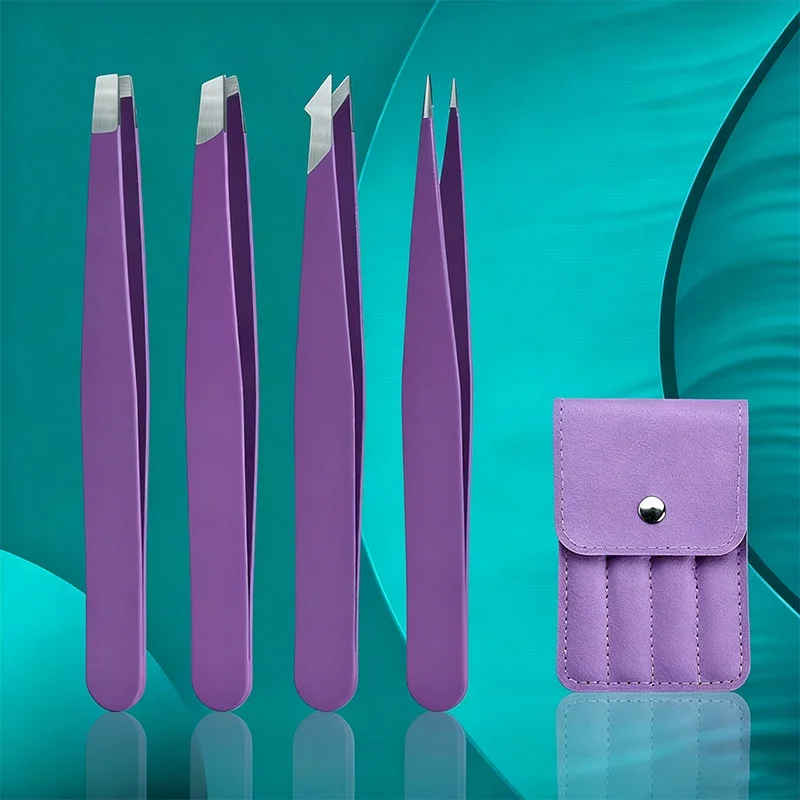 ชุดแหนบถอนขนคิ้ว 4 ชิ้น สีสันสดใส สำหรับถอนขนละเอียด ทำจากสแตนเลส ปลายเฉียง ใช้สำหรับถอนขนคิ้วและเครื่องมือแต่งหน้า