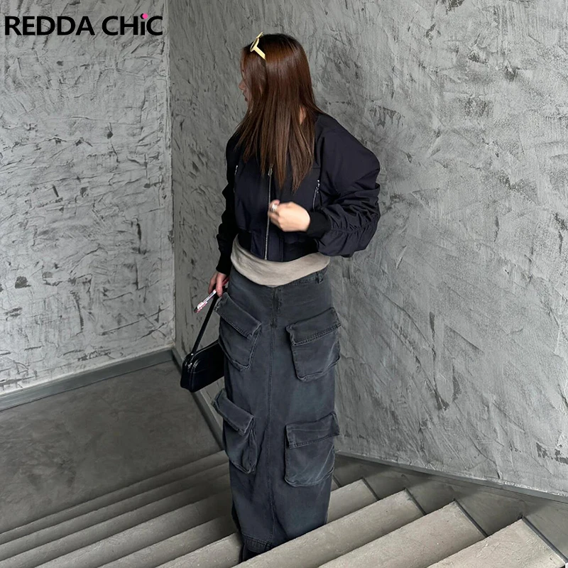 REDDACHiC Acubi Fashion Women Distressed Denim Cargo Skirt Retro Gray Zip Up Slit Multi-pocket Maxi Long Jeans Skirt Streetwear