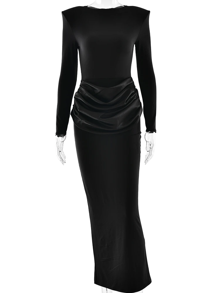 ジュリッサ・モ 長袖ラウンドネック レディース マキシ丈ワンピース コーヒー パッチワーク サテン スリット入りワンピース 秋冬 スリム エレガント パーティー クラブドレス