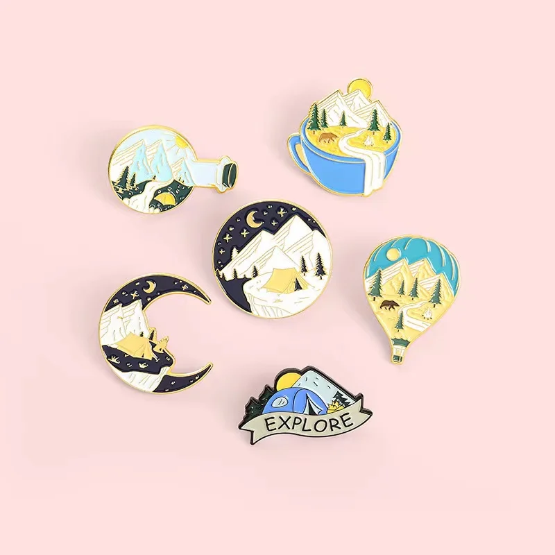 Wholesale Camping Adventure Enamel Pins Custom Outdoors Explore Natural Scenery Brooch Lapel Badge Backpack Cartoon Jewelry Gift