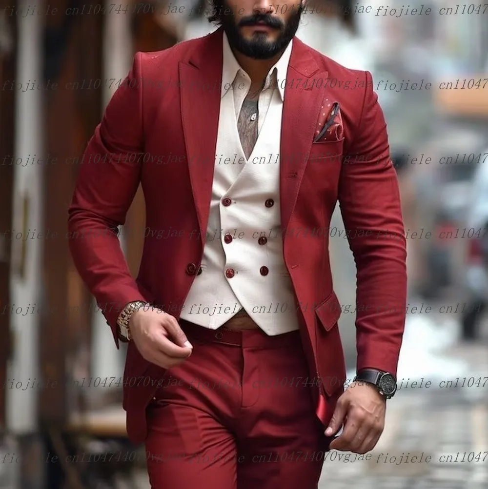 

Dark Red And White Men Suit Formal Wedding Party Groom Groomsman Business Male Tuxedos Customized 3 Piece Set Jacket Vest Pants