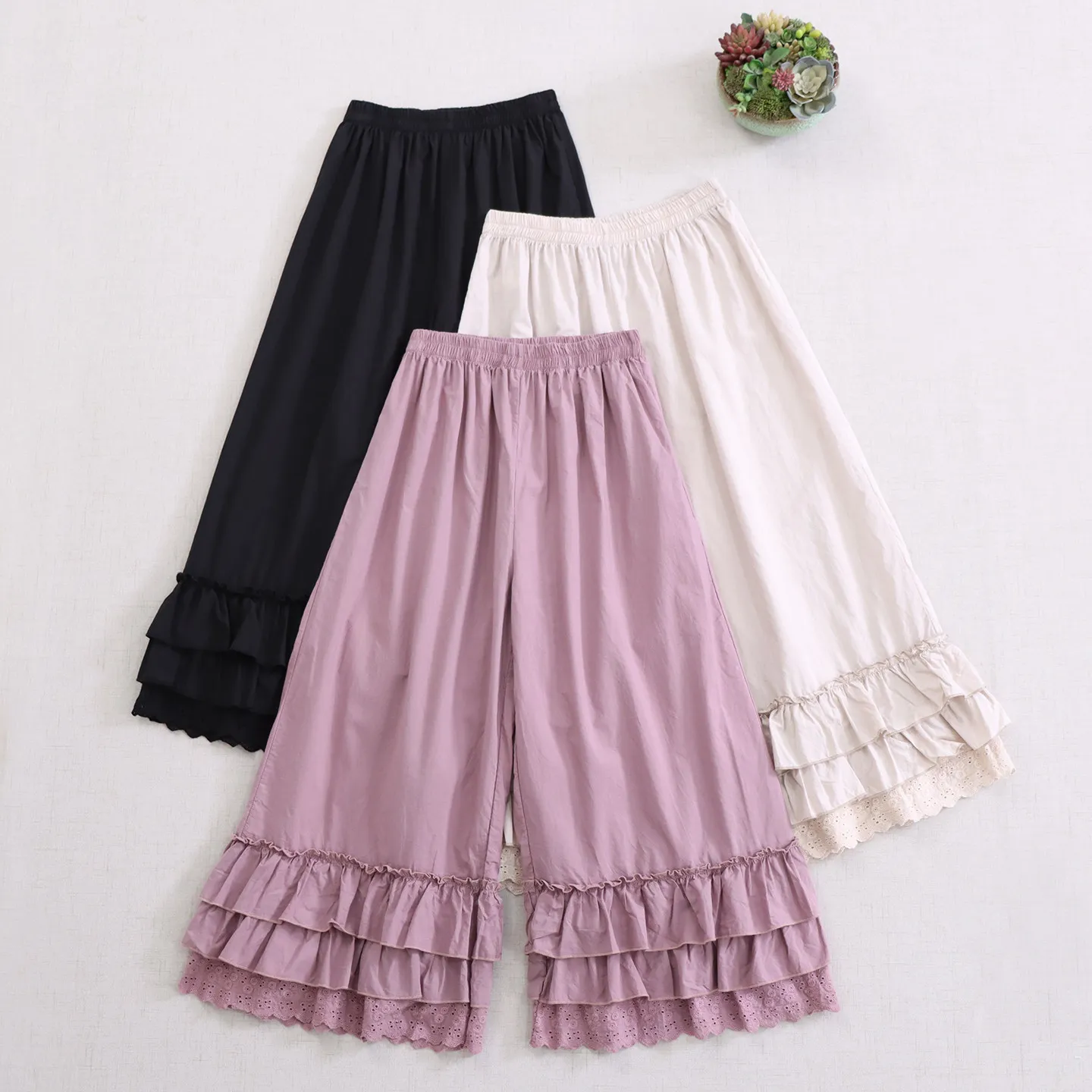 Japanese Sweet Mori Girl Solid Color Multi Layer Ruffles Cotton Wide Leg Pants Women Summer Elastic Waist Casual Loose Pants