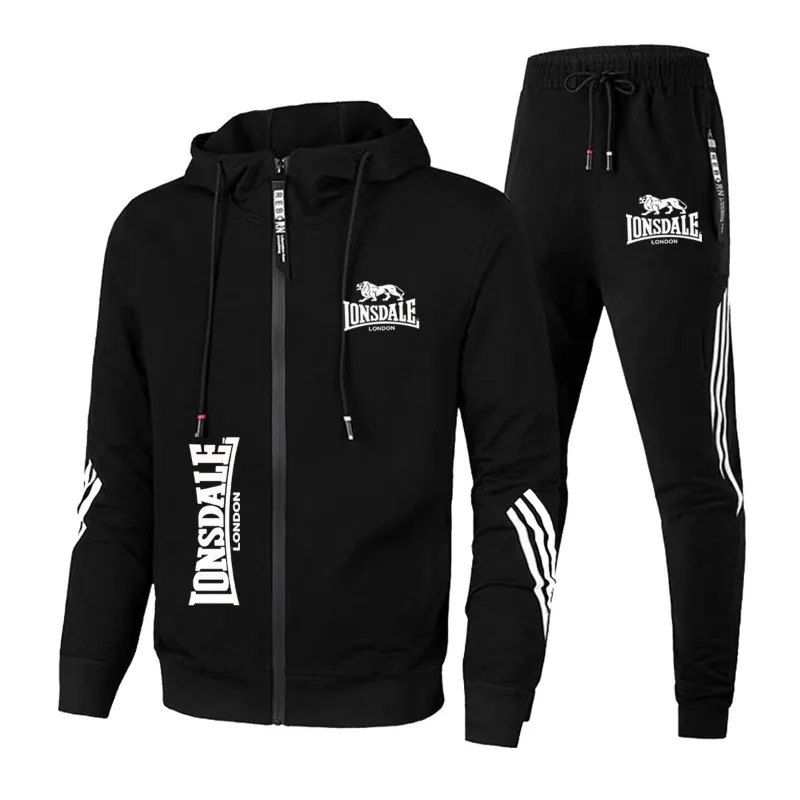 Un conjunto de jogging deportivo informal, suelto y moderno de 2 piezas con capucha y pantalones de chándal con cremallera para hombres en primavera y otoño.