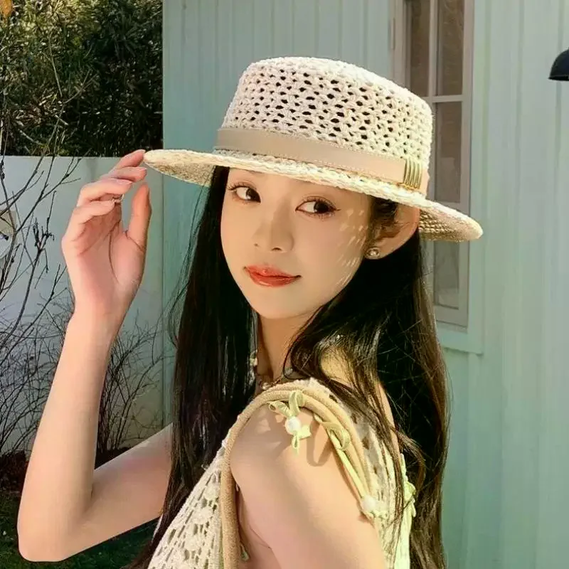 Breathable Hollow Out Straw Boater Hat With Leather Trim UV Protection For Beach Travel Daily Outings