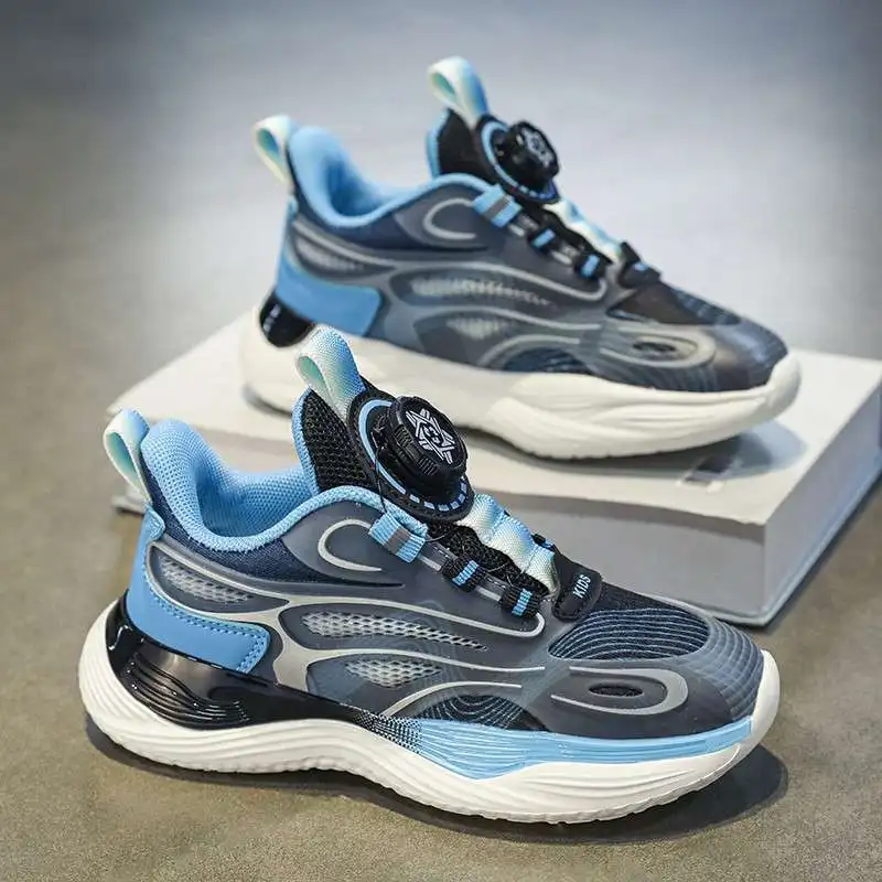 A pair of children's rotary buckle mesh sneakers hollow breathable spliced upper light cushioned non-slip training shoe CT-L9903