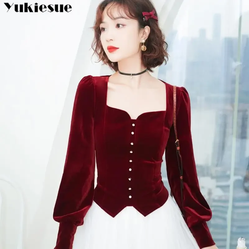 Vintage Womens t-shirts Square Collar Lantern Sleeve Wine Red Black Velvet T tee shirt Top Blouse Woman Velour Tops and Blouses