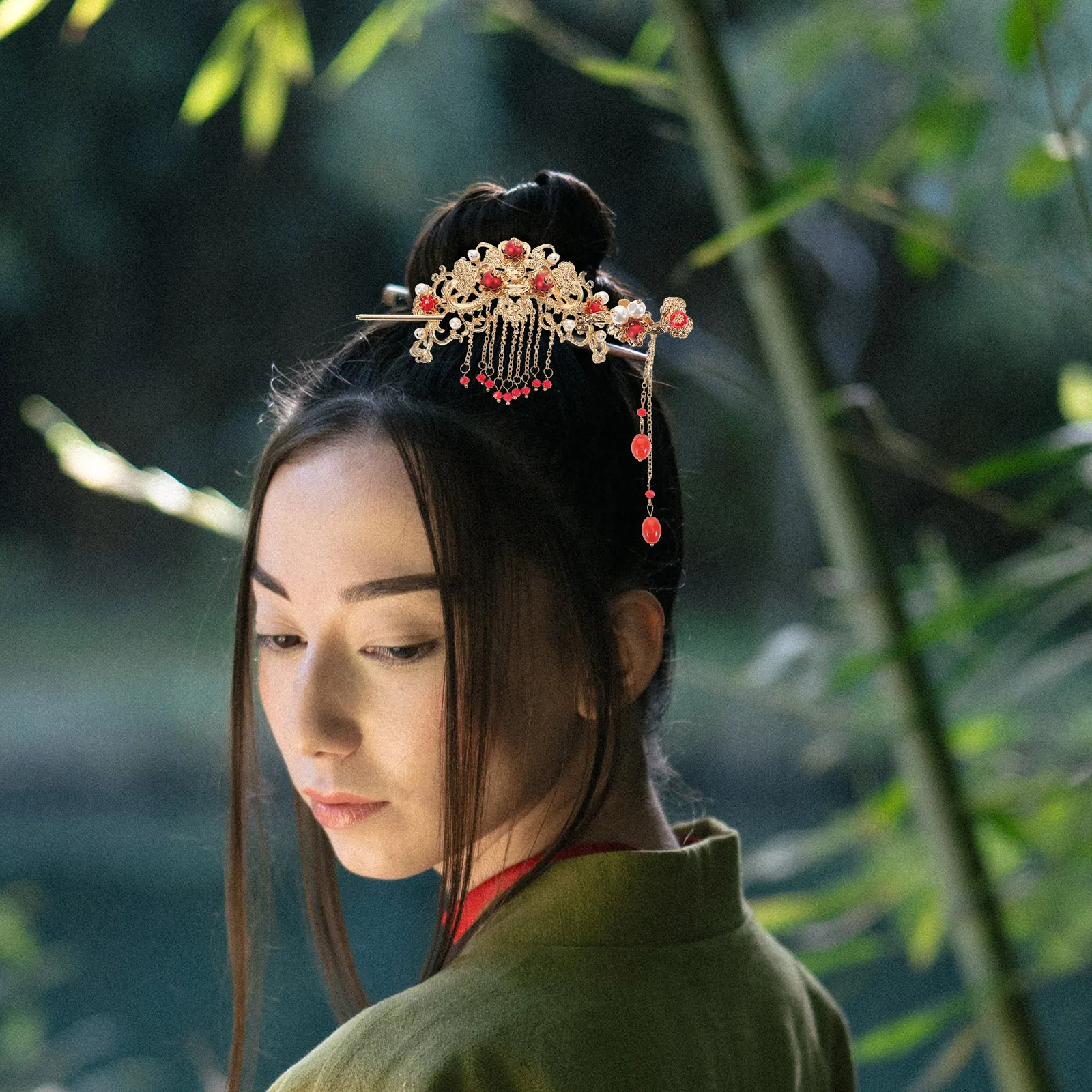 

2pcs Hanfu Headwear Hair Pin Tassels Chinese Sticks Pearl Pins Crown Red Wedding Accessories Asian Style Clips RetroVintage