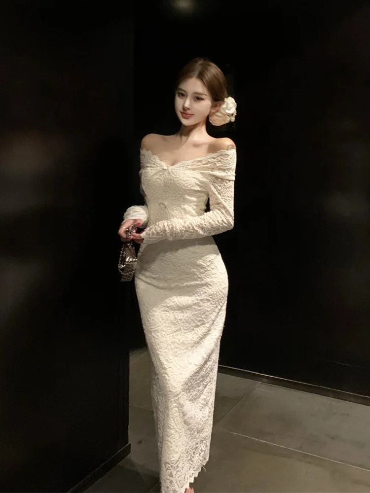 

Сексуальное облегающее платье с одним открытым плечом, V-образным вырезом, длинными рукавами, белым кружевом, завязками на талии и разрезом на юбке для свиданий и вечеринок