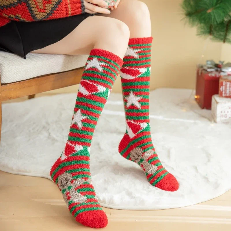 Christmas Stocking Women\'s Long Coral Velvet Warm Thick Floor Sleeping Socks Snowflake Deer Tree Gift Socks Tall Socks Green