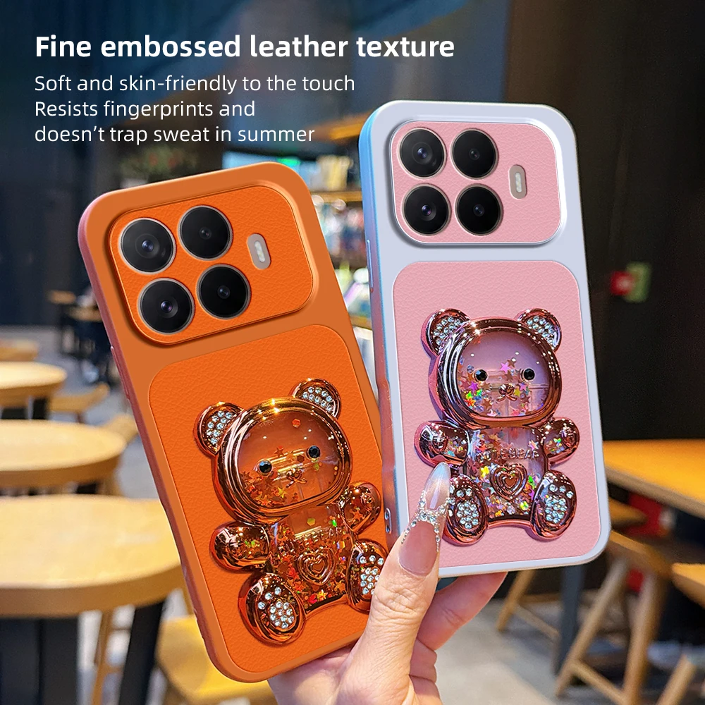 Funda de Teléfono con Soporte de Oso 3D y Textura de Litchi para Xiaomi 17T 17 Pro Max 15 Ultra 15T 14T 13T 12 con Cuerd