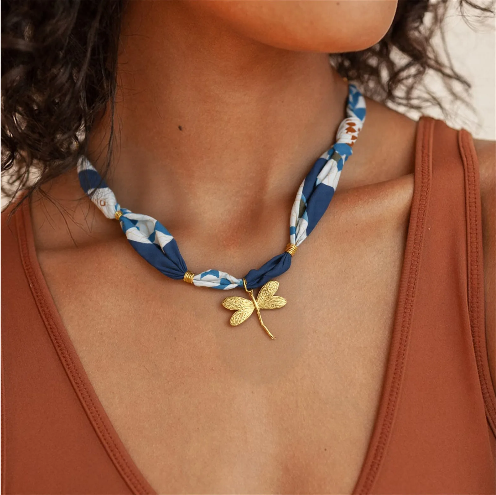 1pc Stainless Steel Necklace Gold Color Dragonfly Pendant Polyester Scarf Necklace For Women Party Choker Necklace 80cm(31.5