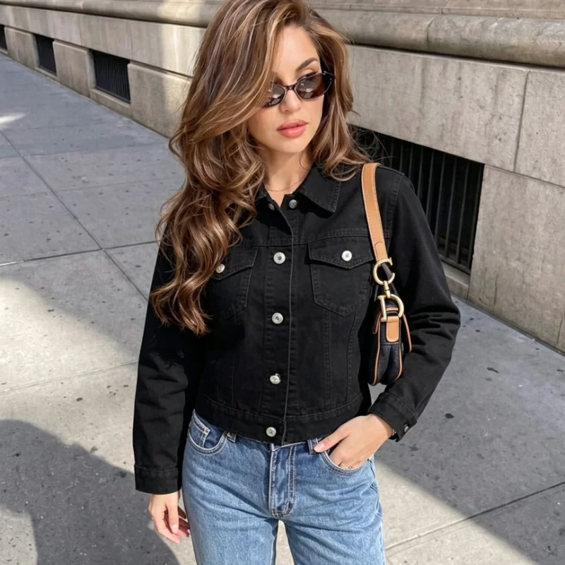 New Fall Spring  Women Vintage Cropped Denim Jacket, Lapel Long Sleeve Single Breasted Pocket Slim Casual Streetwear Outerwear