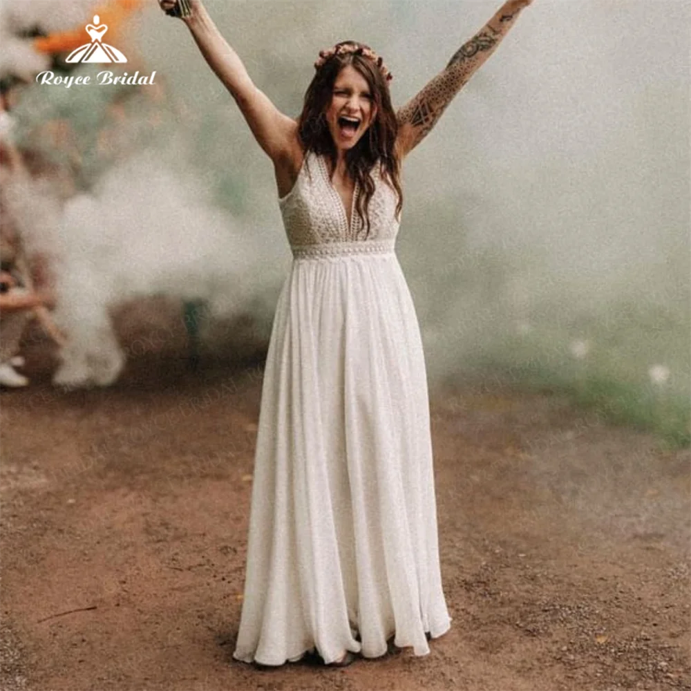 Personalizar Boho una línea cuello en V vestido de novia Simple nueva llegada espalda abierta con botones vestidos de novia vestido boda invitada mujer