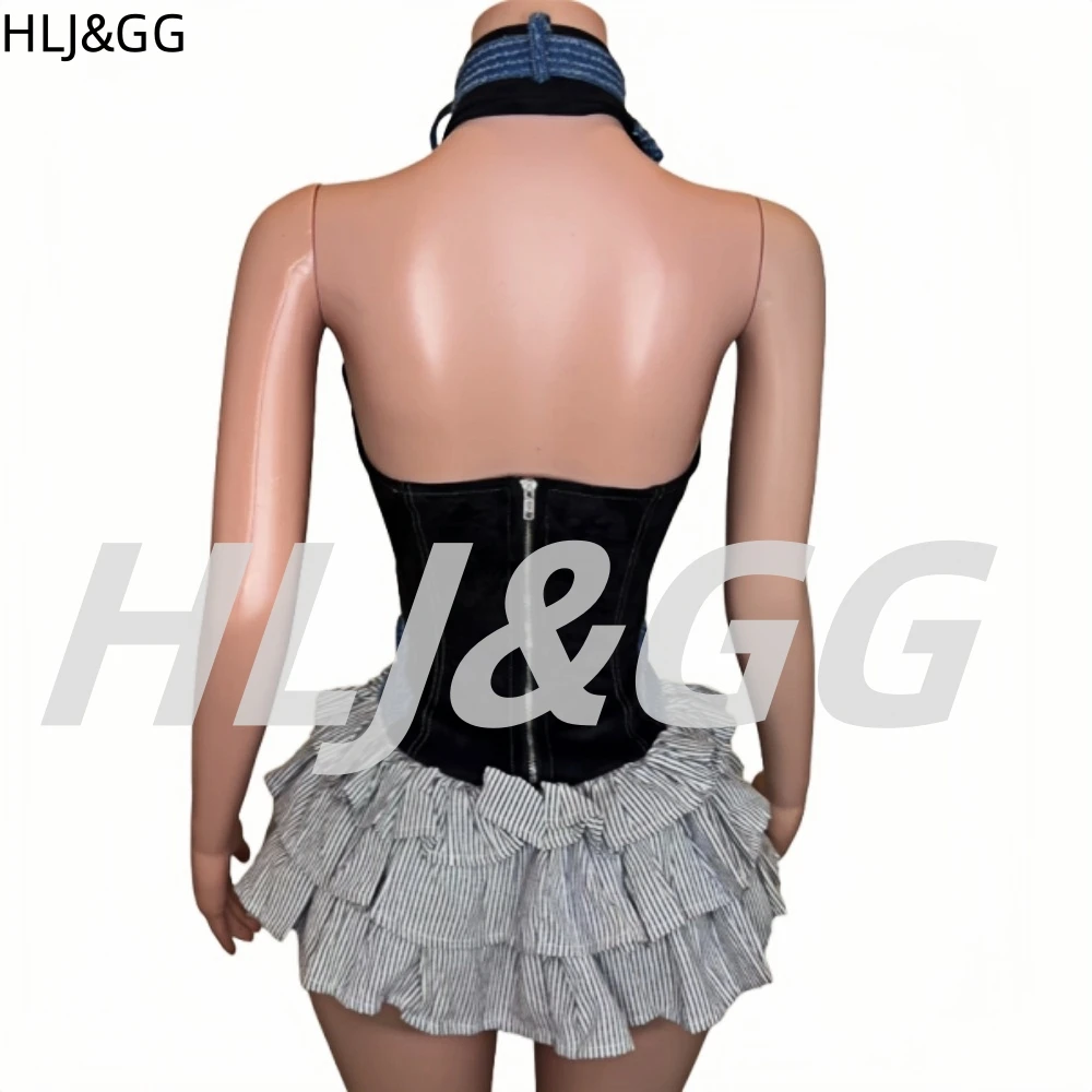 HLJ&GG Trendy Women Patchwork Plaid Mini Dress Women Halter Sleeveless Bandage Ruffle Vestidos Y2K Fashion Retro American Street