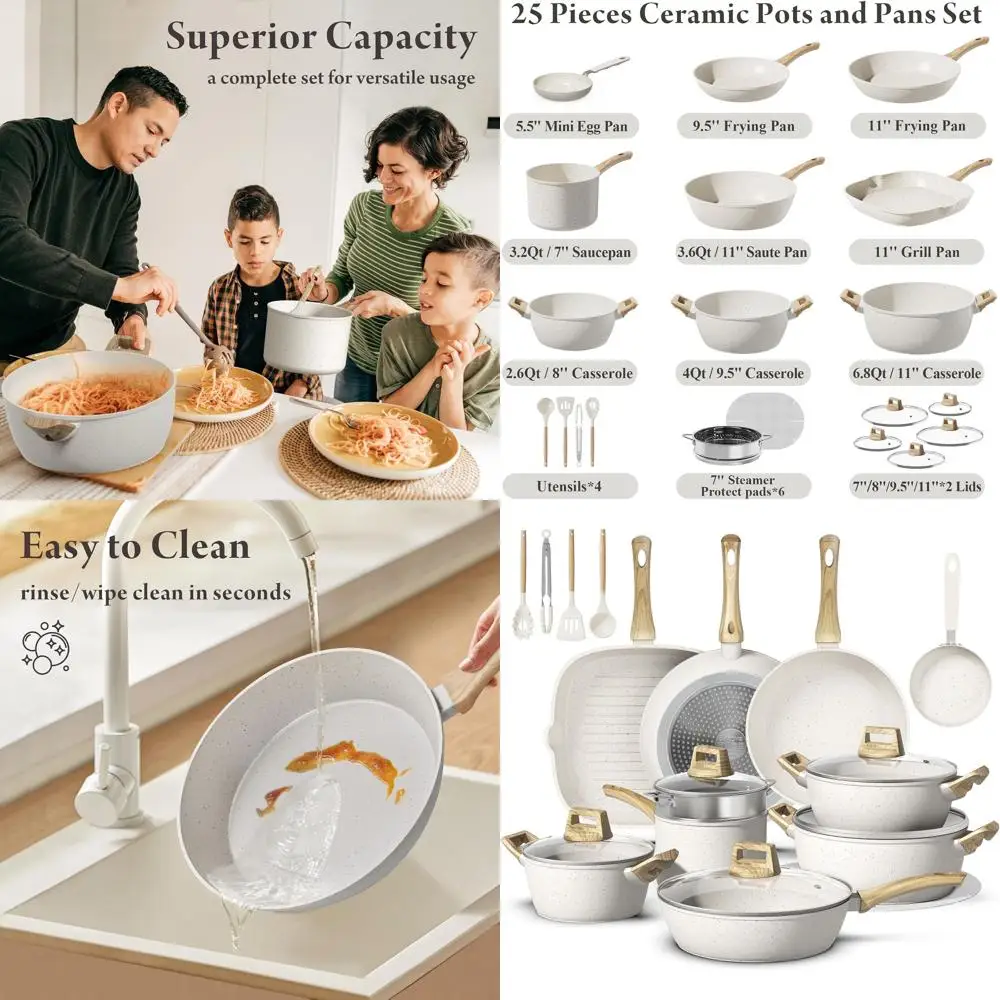 

Ceramic Non-Stick Cookware Set, 25-Piece, Healthy & Induction-Ready, Cream White