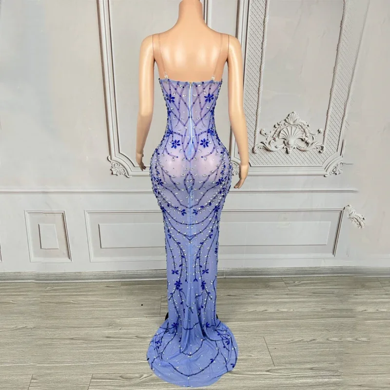 Vestido de cumpleaños con diamantes de imitación azules, vestido de boda para fiesta, disfraz de celebración para mujer, vestidos de noche, traje de pasarela para escenario