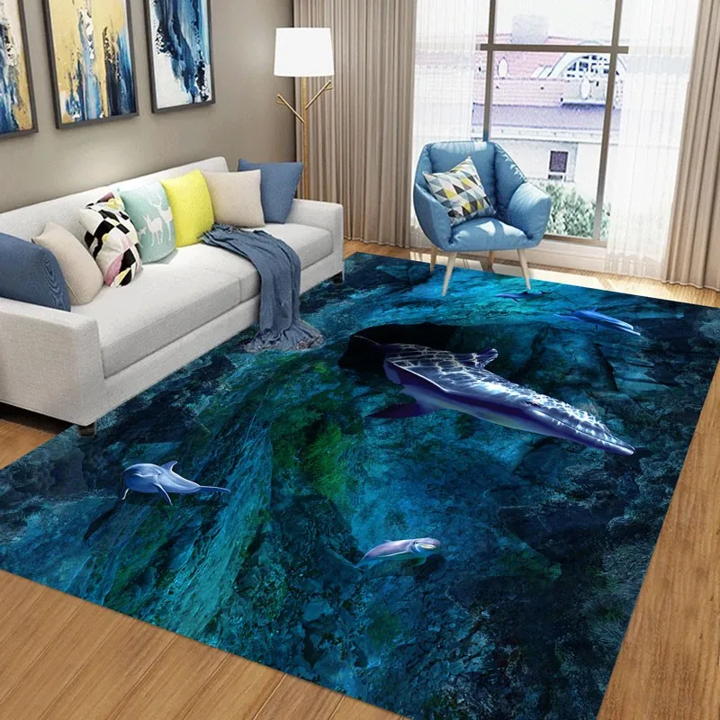 Reese Velvet Soft Fleece Carpet Rug Living Room Parlor Scenery Soft 3D Whale And Dolphins In The Deep Sea Floor Protection Decor