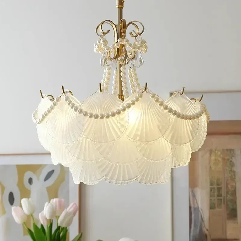 Modern Art Fixture French Shell Glass Pendant Chandelier Lamps Copper for Led Lights Living Dining Room Bedroom Home Decoration