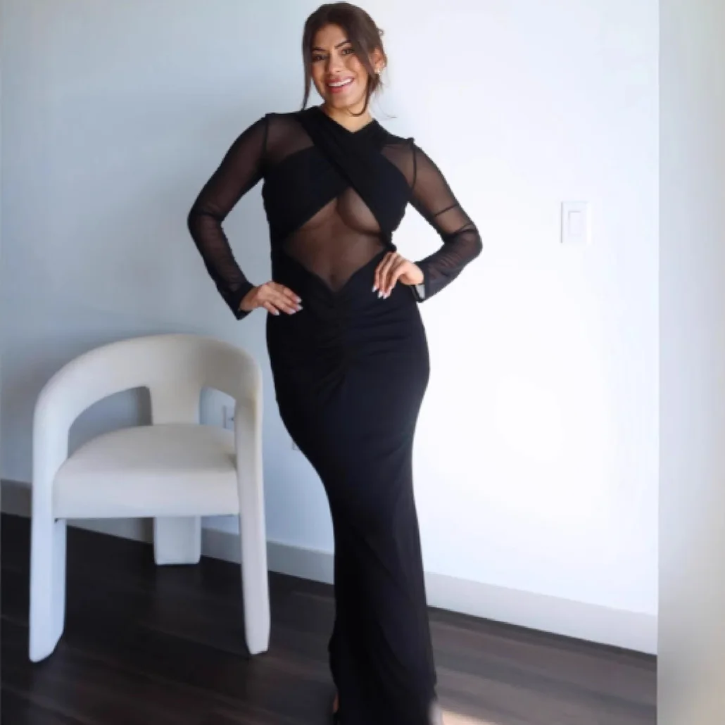 

SKMY 2025 Spring New Women Clothing Long Sleeve Perspective Sexy Solid Color Long Dress Temperament Ruched Dress For Women