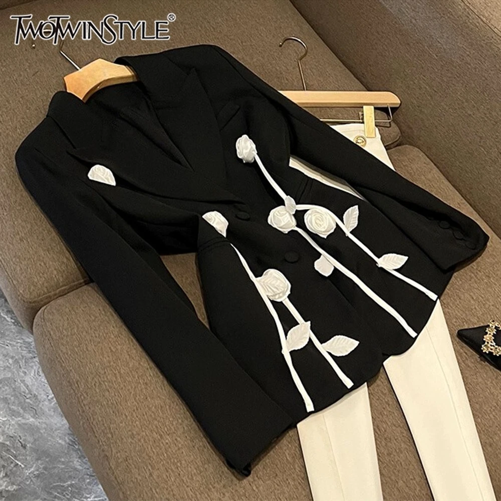 TWOTWINSTYLE Elegant Solid Blazers For Women Lapel Long Sleeve Spliced Appliques Autumn Causal Commute Jackets Female KJA502508