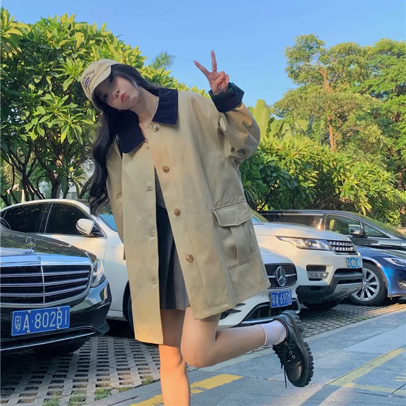 

Mid-length Trench Coat for Women, Harajuku Windbreaker, Preppy Style, Color Contrast, Female Outwear Jackets, Spring and Autumn