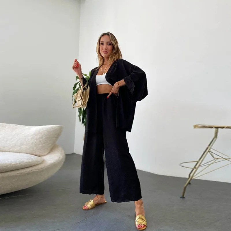 2025 Primavera/Novedad de verano, conjunto informal de algodón y cáñamo, cárdigan, manga larga, bolsillo superior, conjunto de dos piezas, pantalones de nueve centavos arrugados de seda helada
