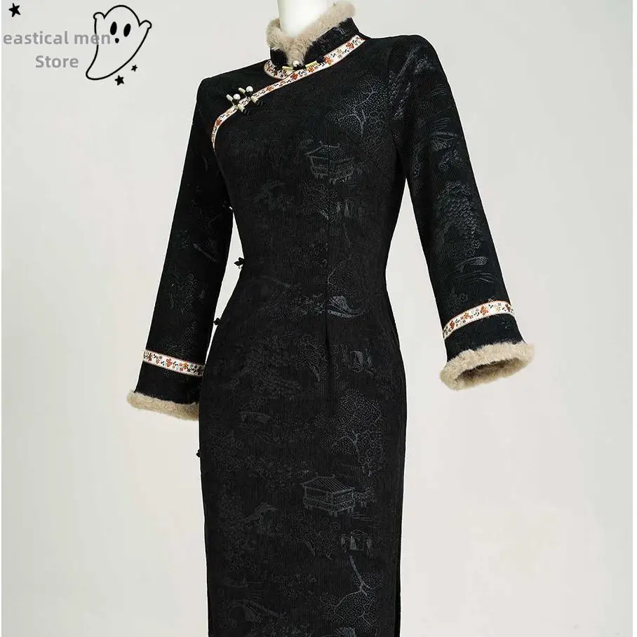

Винтажное Ципао с толстым пушистым воротником Chesongam, новое платье в китайском стиле, женский осенне-зимний теплый костюм, жаккардовые платья Hanfu