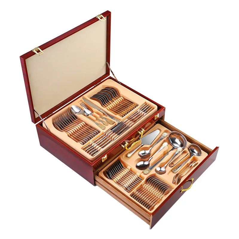 Stainless steel tableware gift box 72-piece crown tableware set 84-piece set gold-plated tableware knives, forks and spoons