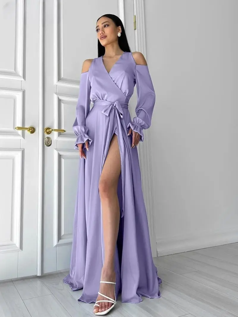 

Customized Elegant Charmeuse Sash Bow Draped Criss-Cross A-line Off-the-shoulder Long Dresses Bespoke Occasion Dresses Exquisite